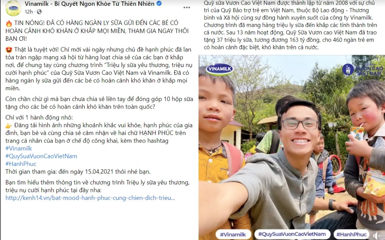 Chiến dịch “Triệu ly sữa yêu thương, triệu nụ cười hạnh phúc” nhận được sự hưởng ứng nhiệt tình của cộng đồng mạng